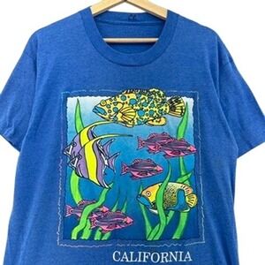 VTG California Tropical Fish Tee Blue SZ M Souvenir Frutiger Aqua Neon Vaporwave